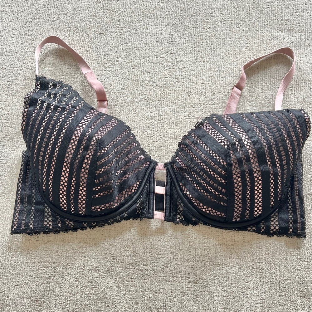 Victorias Secret Lined Plunge Bra 36D Black Pink Striped Lace Underwire